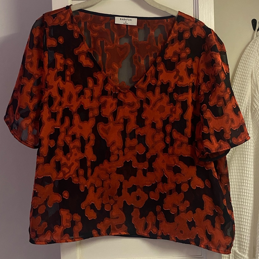 Babaton Aritzia Red and Dark Blue Sheer Top